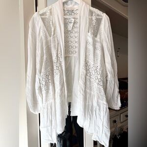 NWT Neiman Marcus White Embroidered Boho Kimono Cardigan S Swim Suit Coverup